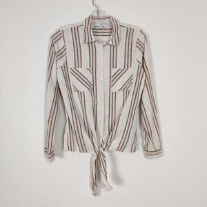 My STYLE Women's Shirt Size M Striped White Green Tie Cotton Viscose Casual Chic